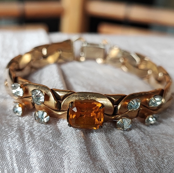 Vintage Gold Tone Signed KAFIN NEW YORK Link Bracelet Prong Set Topaz Citrine - Picture 4 of 16
